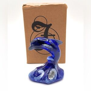 Fenton Art Glass Figurine Cobalt Blue Dolphin On Wave 4" Signed Hand Painted-Box